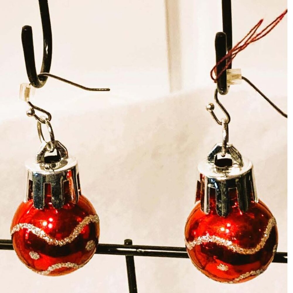 CHERRY RED & SILVER CHRISTMAS ORNAMENT DANGLE EARRINGS